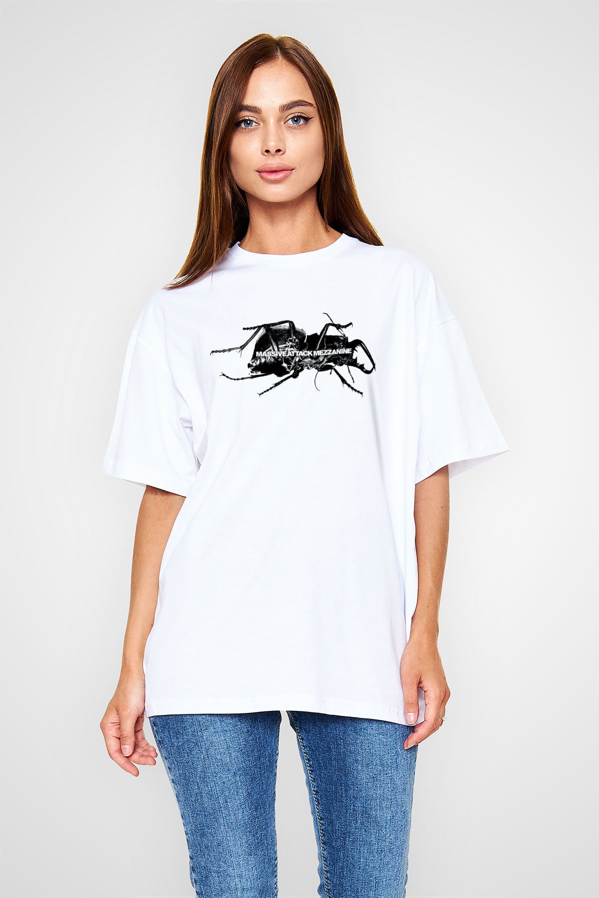 Massive Attack Baskılı Beyaz Unisex Oversize Tişört - Tshirt