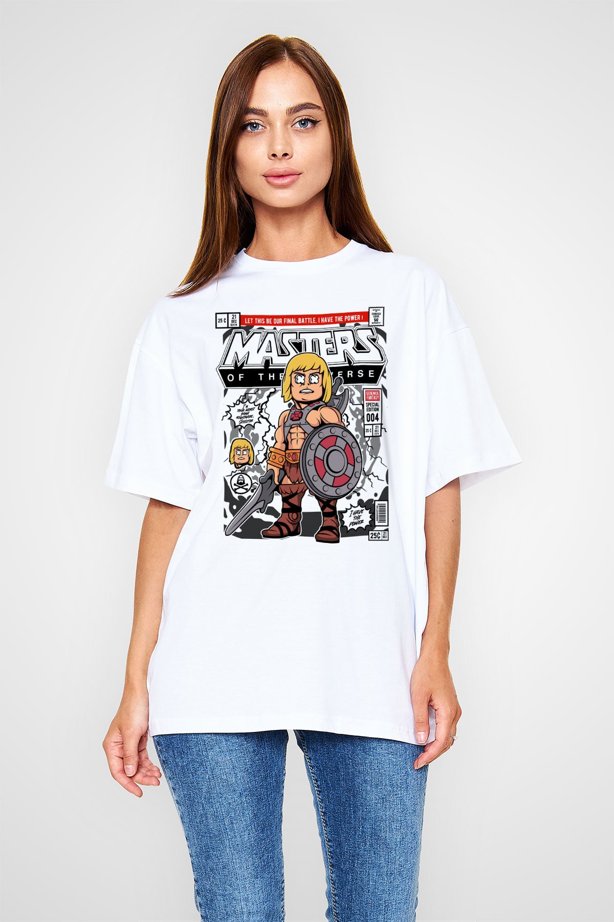 Master Of The Universe Baskılı Unisex Beyaz Oversize Tişört