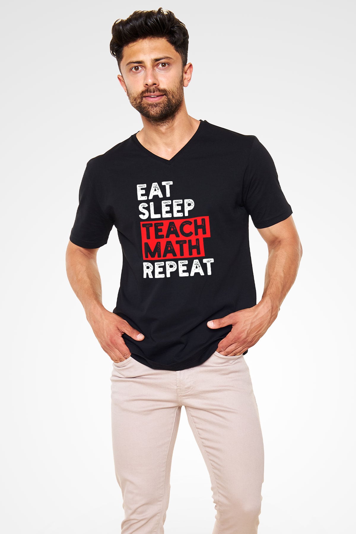 Matematik Öğretmeni Baskılı Unisex V Yaka Siyah Tİşört - Tshirt