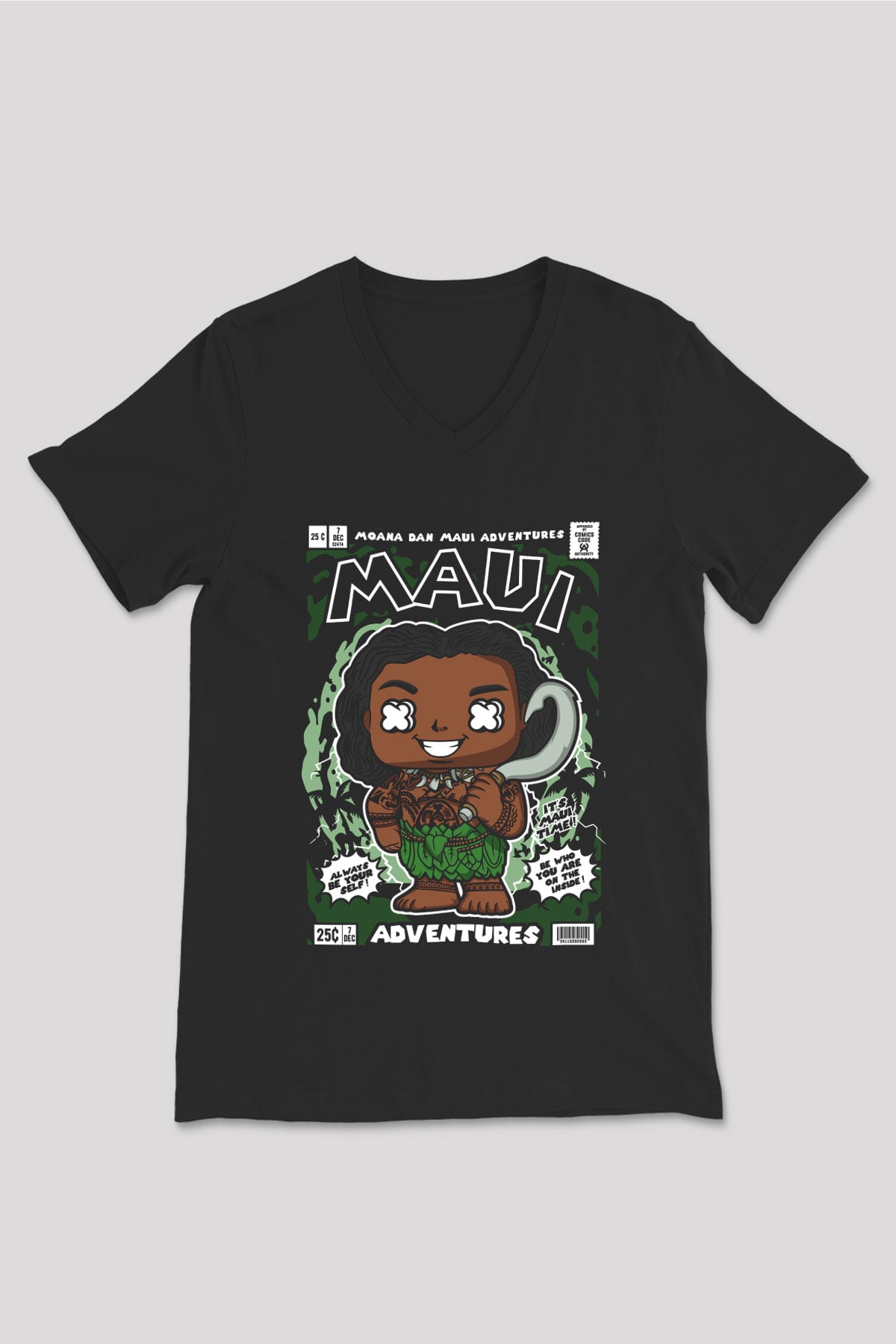 MAUI Baskılı Unisex Siyah V Yaka Tişört