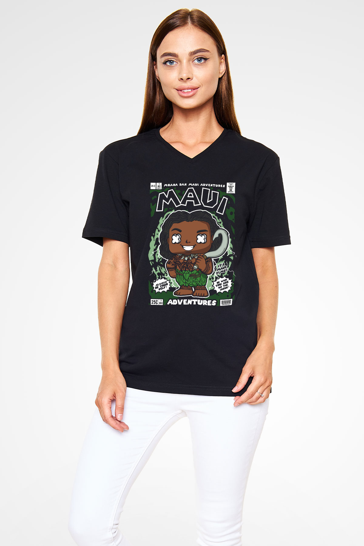MAUI Baskılı Unisex Siyah V Yaka Tişört