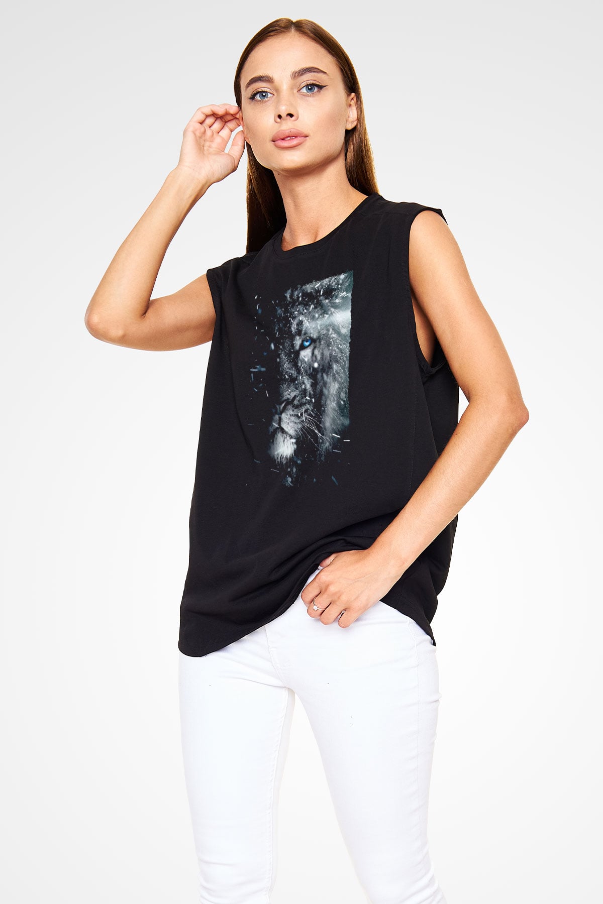 Mavi Gözlü Aslan Baskılı Unisex Siyah  Kolsuz Tişört