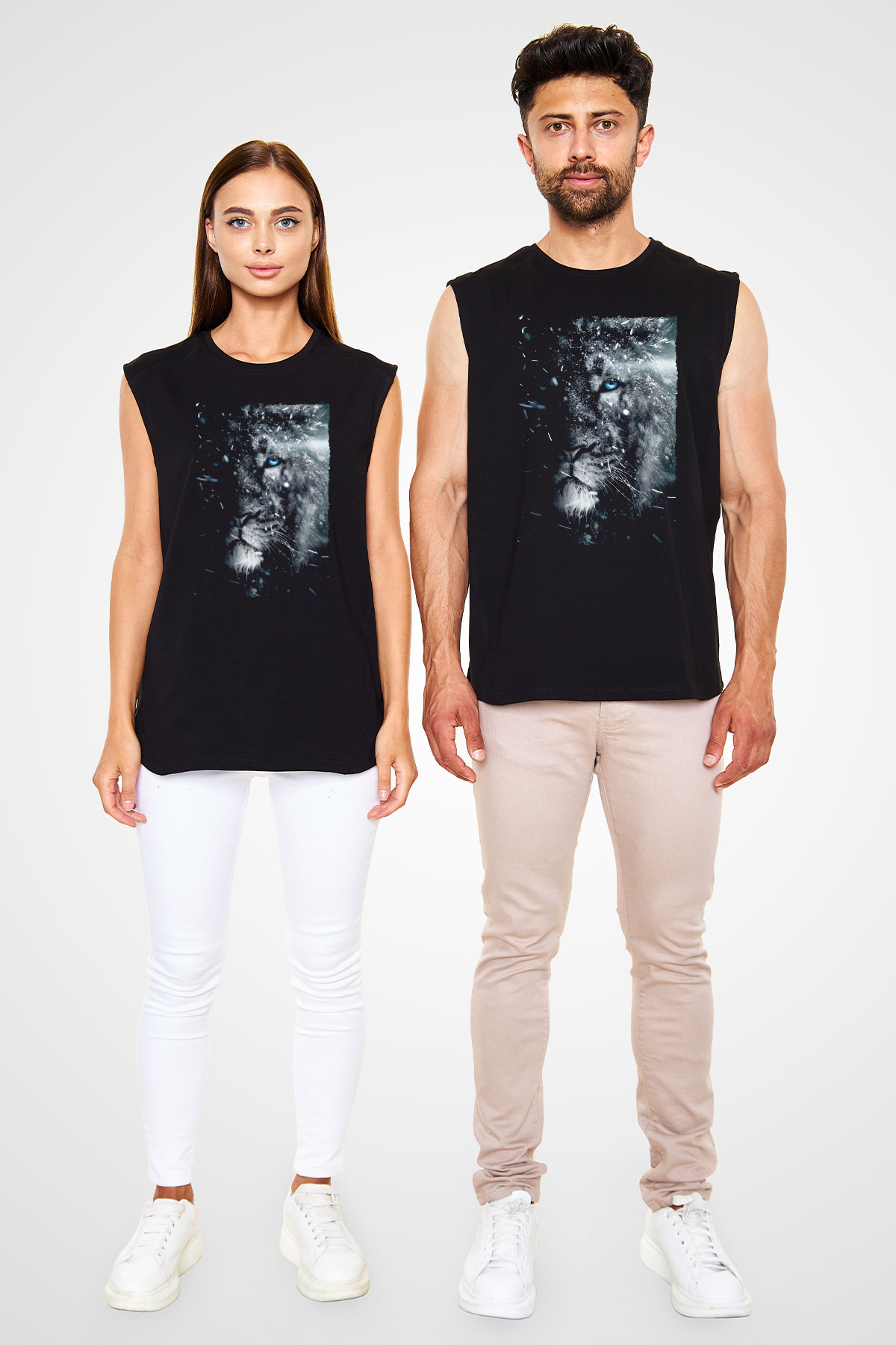 Mavi Gözlü Aslan Baskılı Unisex Siyah  Kolsuz Tişört
