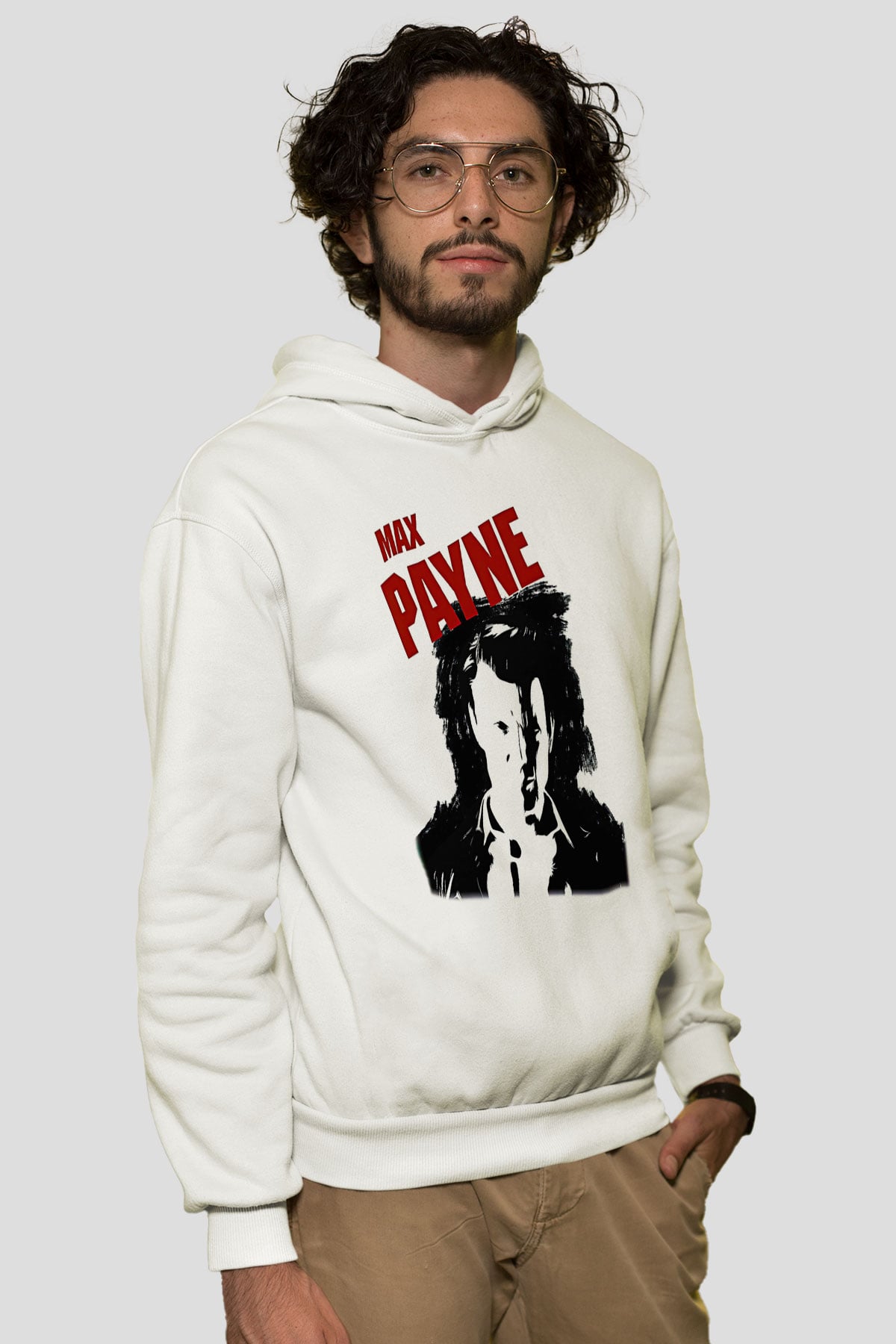 Max Payne Baskılı Beyaz Unisex Kapüşonlu Sweatshirt