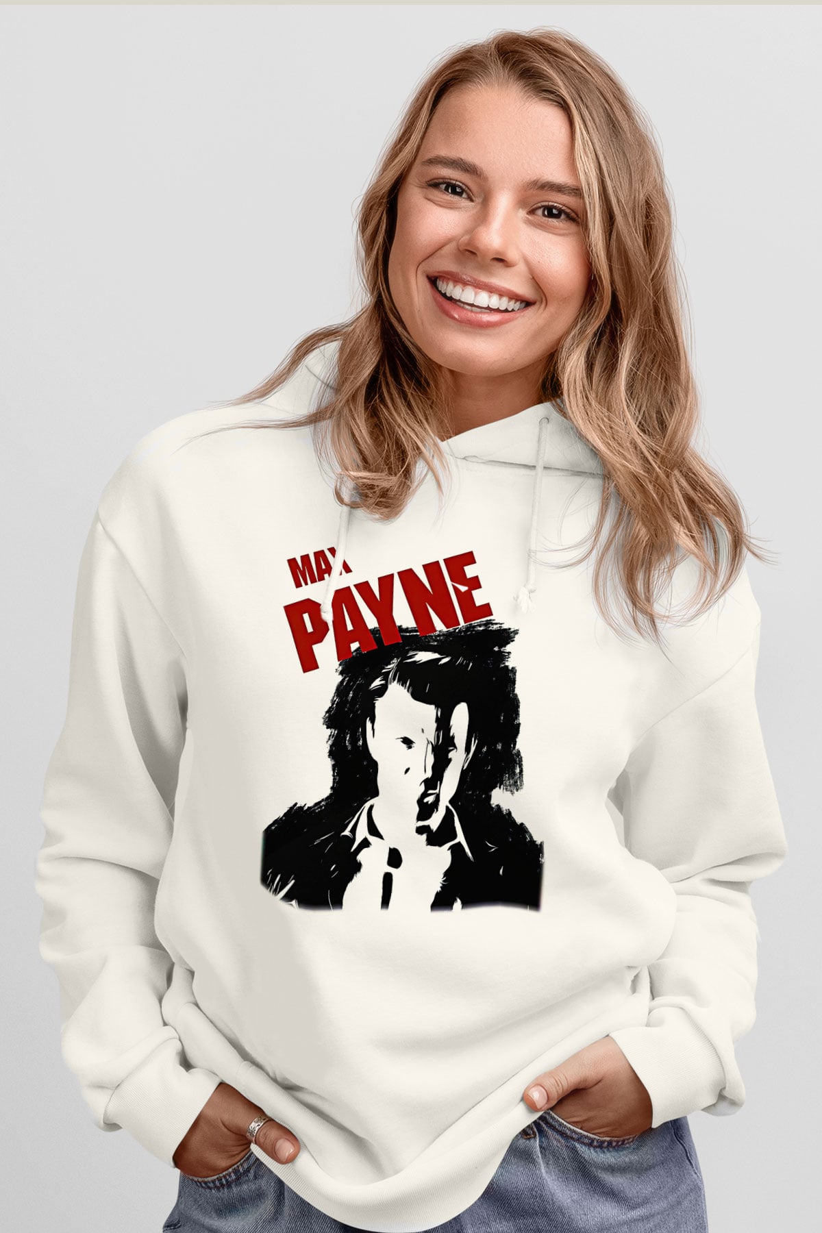 Max Payne Baskılı Beyaz Unisex Kapüşonlu Sweatshirt