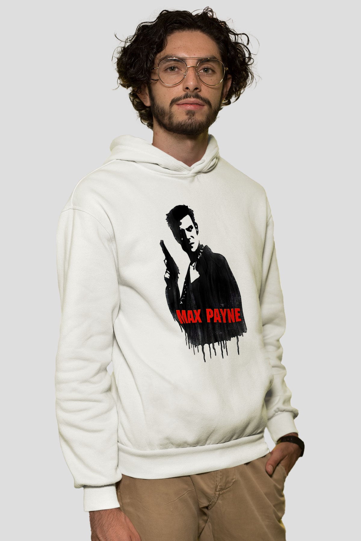 Max Payne Baskılı Beyaz Unisex Kapüşonlu Sweatshirt