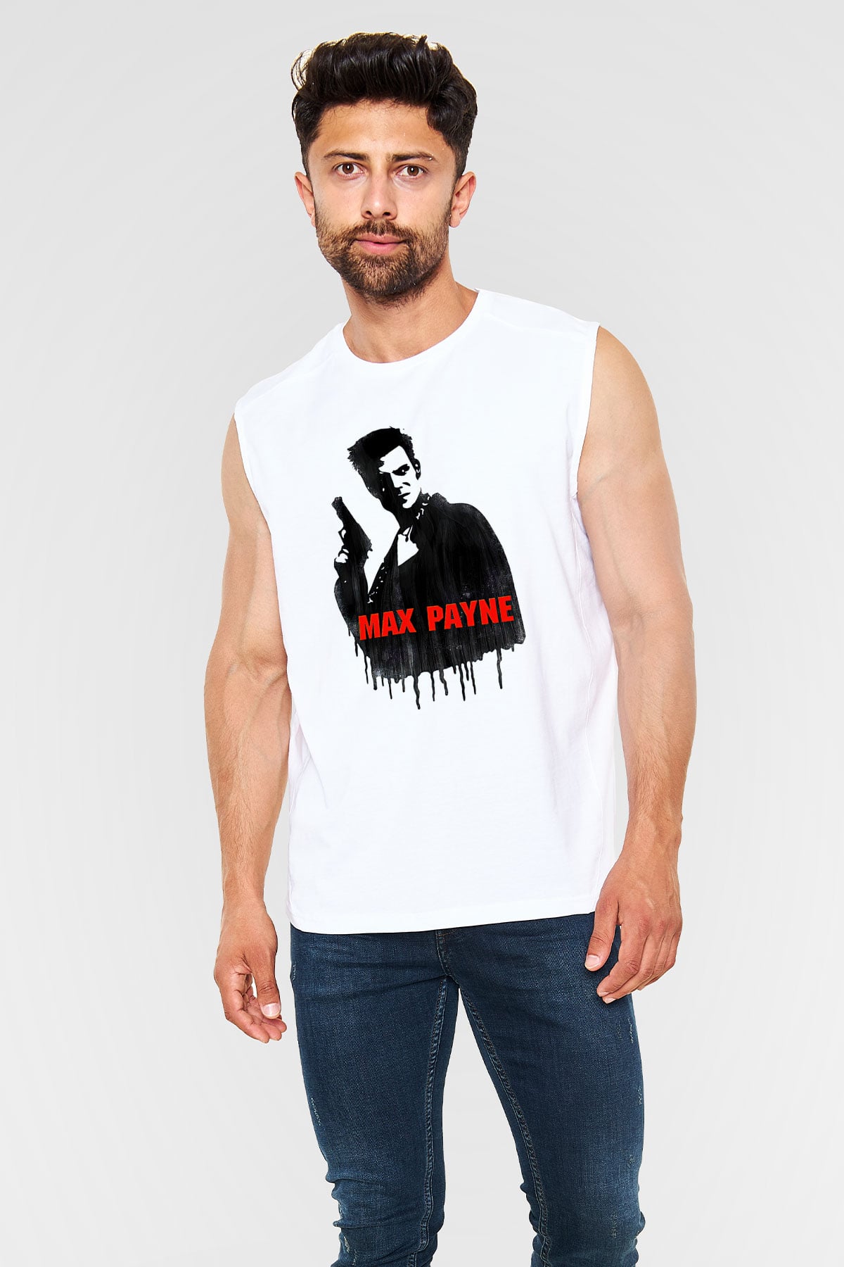 Max Payne Baskılı Beyaz Unisex Kolsuz Tişört - Tshirt