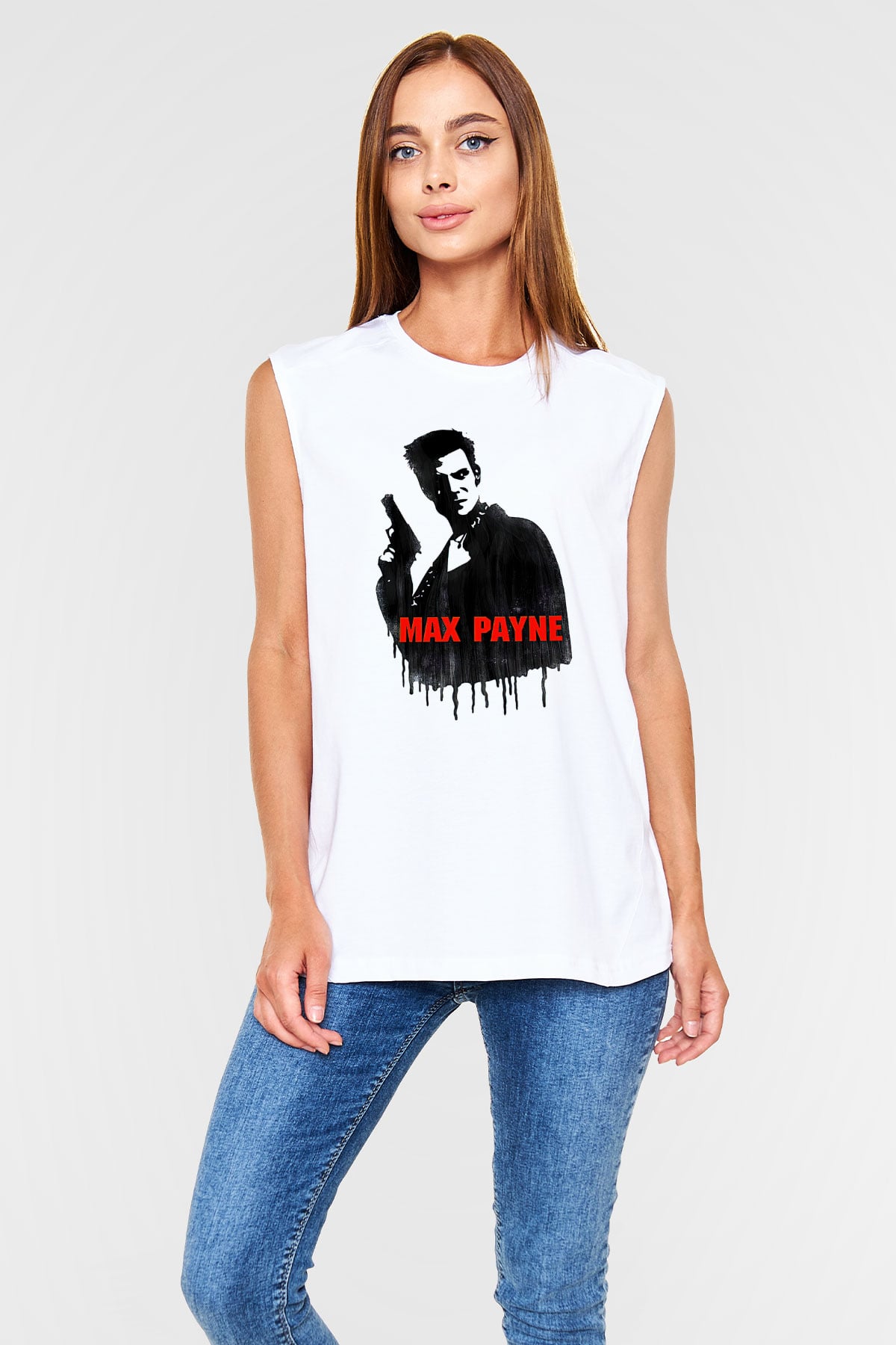 Max Payne Baskılı Beyaz Unisex Kolsuz Tişört - Tshirt