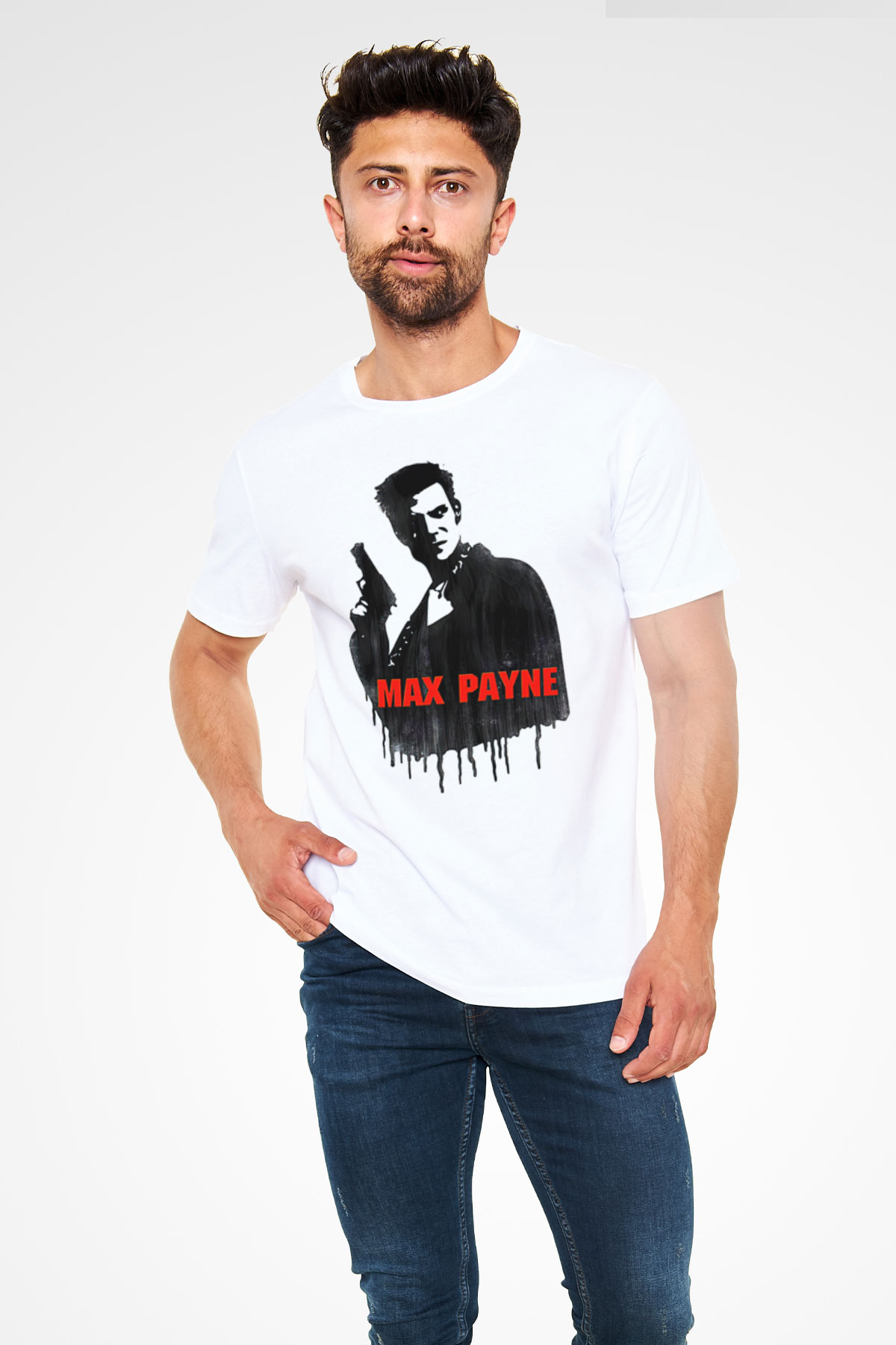 Max Payne Baskılı Unisex Beyaz Tişört - Tshirt