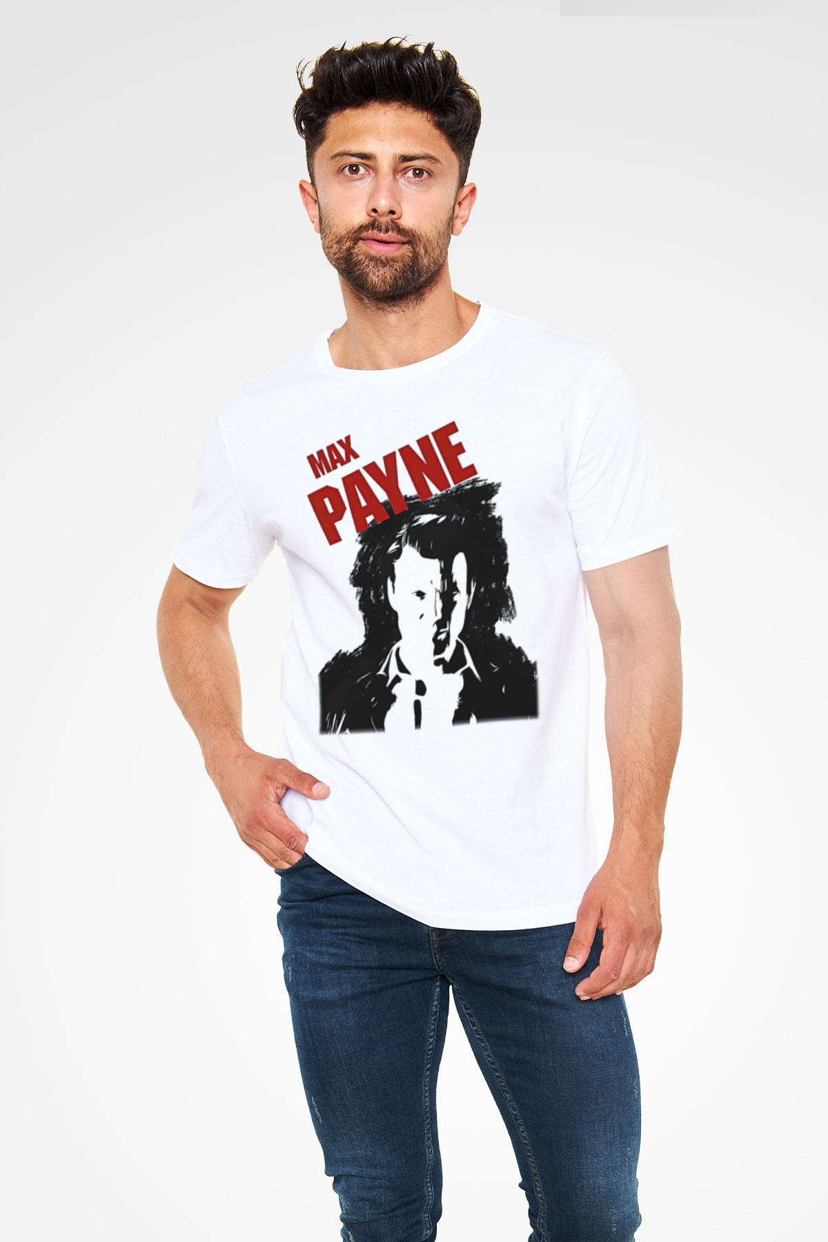 Max Payne Baskılı Unisex Beyaz Tişört - Tshirt