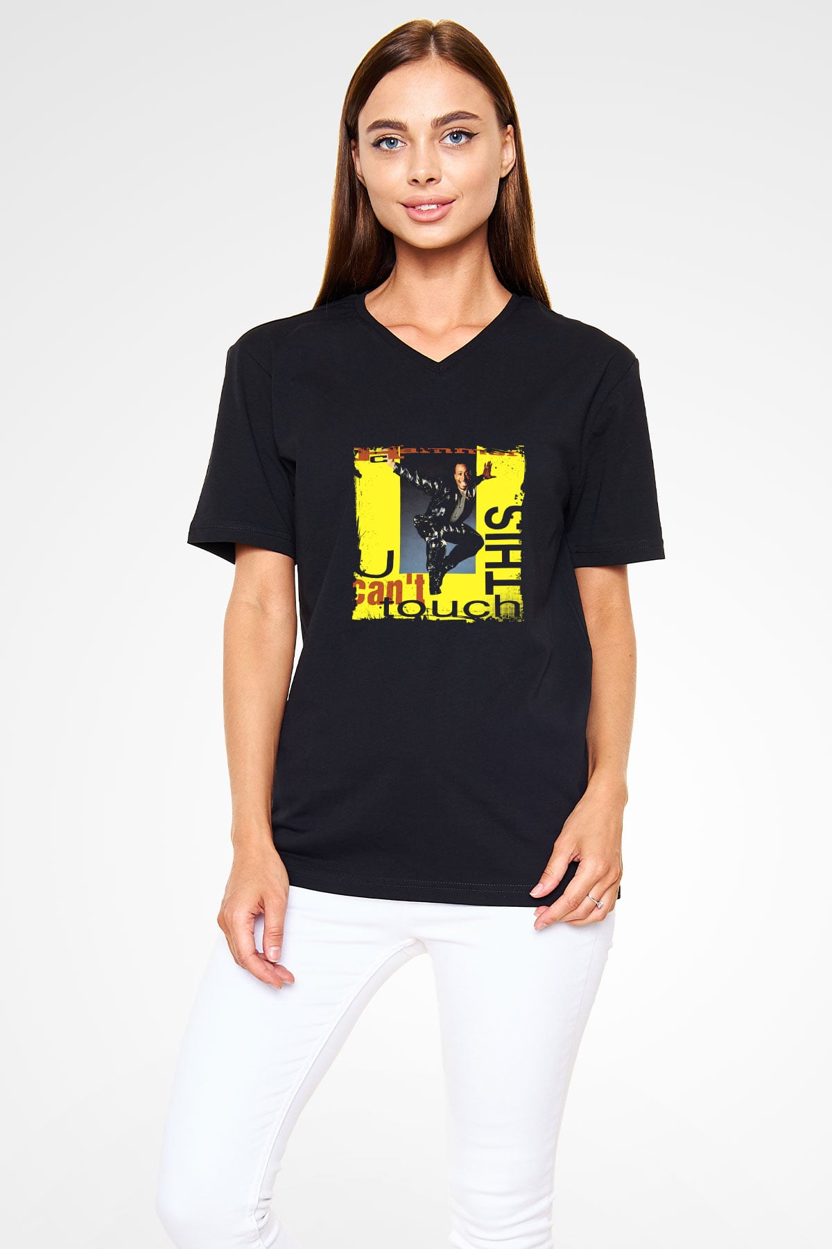 MC Hammer Baskılı Unisex Siyah V Yaka Tişört