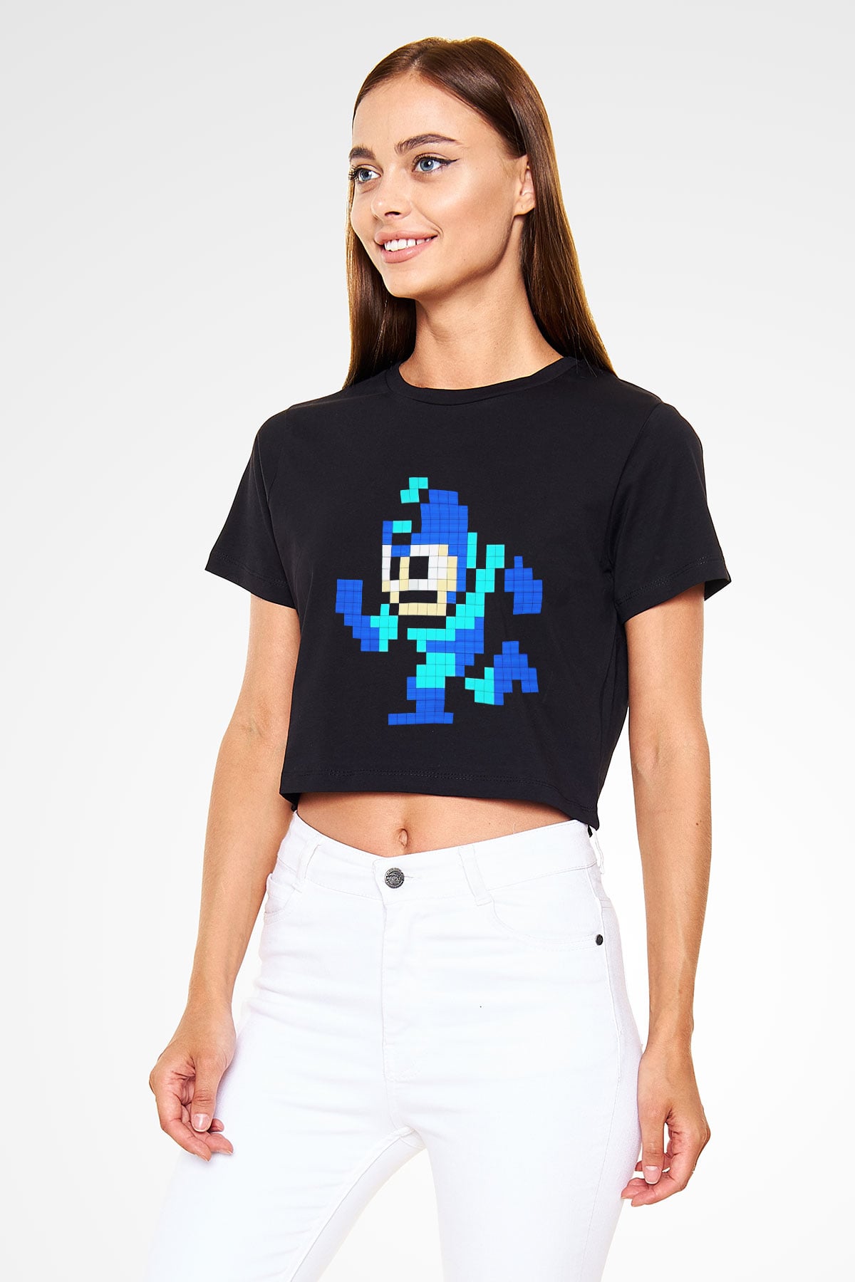 Mega Man Siyah Crop Top Tişört