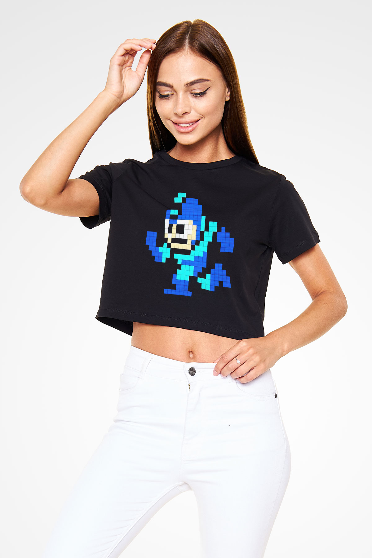 Mega Man Siyah Crop Top Tişört