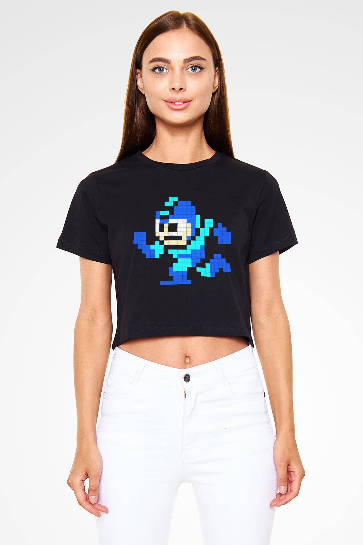 Mega Man Siyah Crop Top Tişört