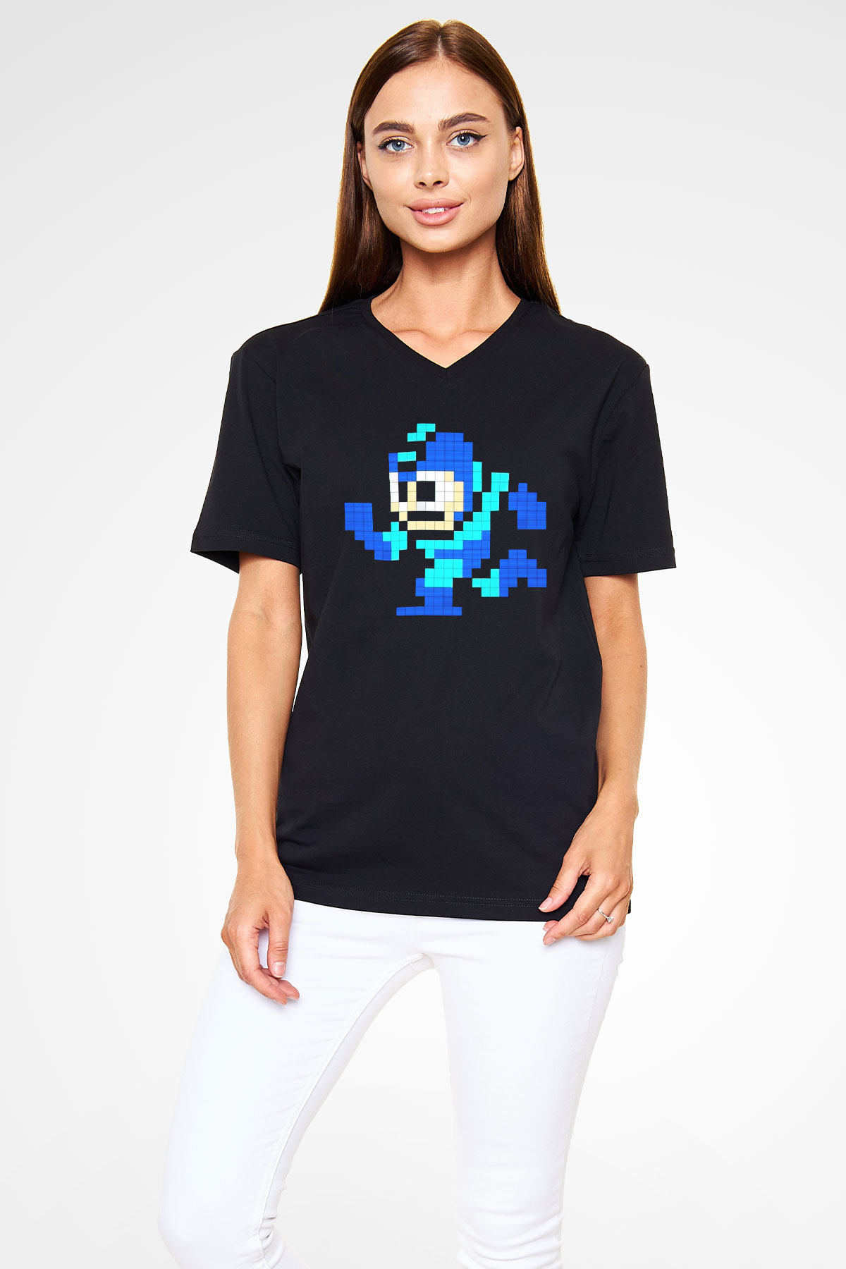 Mega Man Siyah Unisex V Yaka Tişört