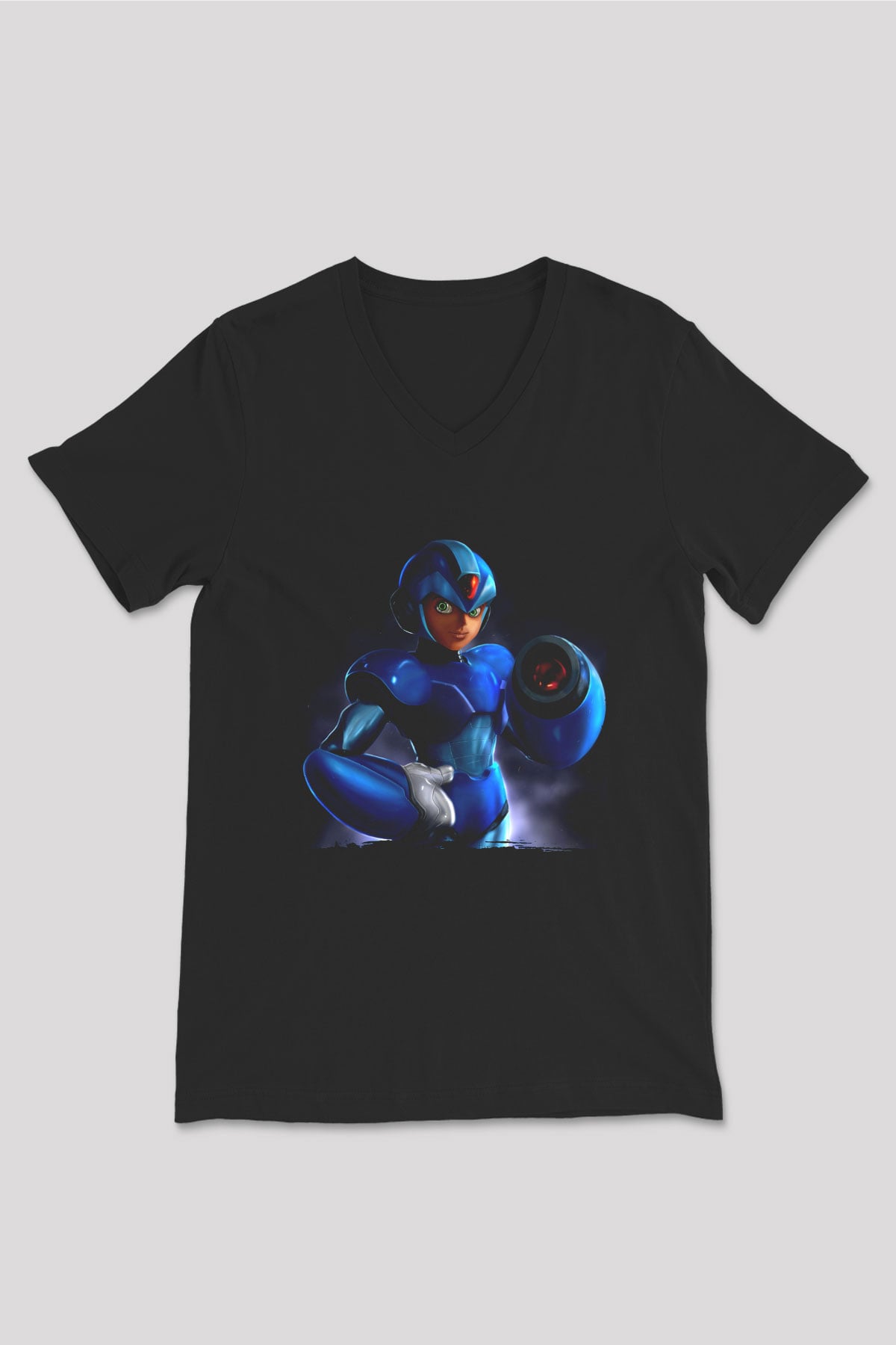 Mega Man Siyah Unisex V Yaka Tişört