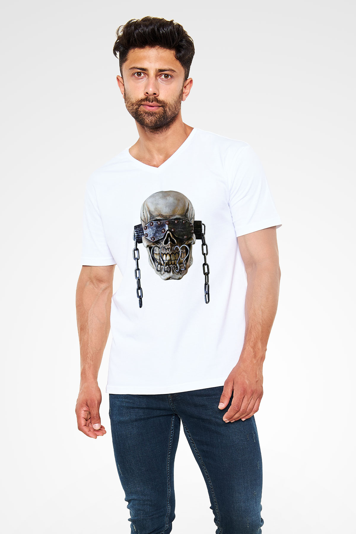 Megadeth Baskılı Beyaz Unisex V Yaka Tişört - Tshirt
