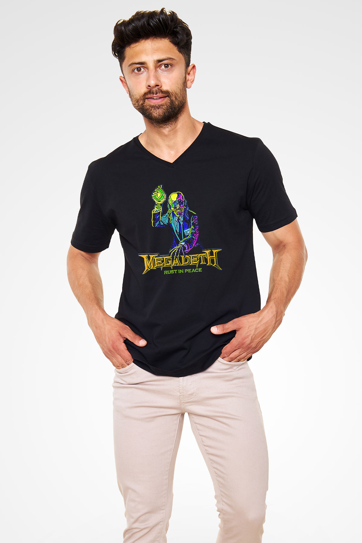 Megadeth Baskılı Unisex Siyah V Yaka Tişört - Tshirt