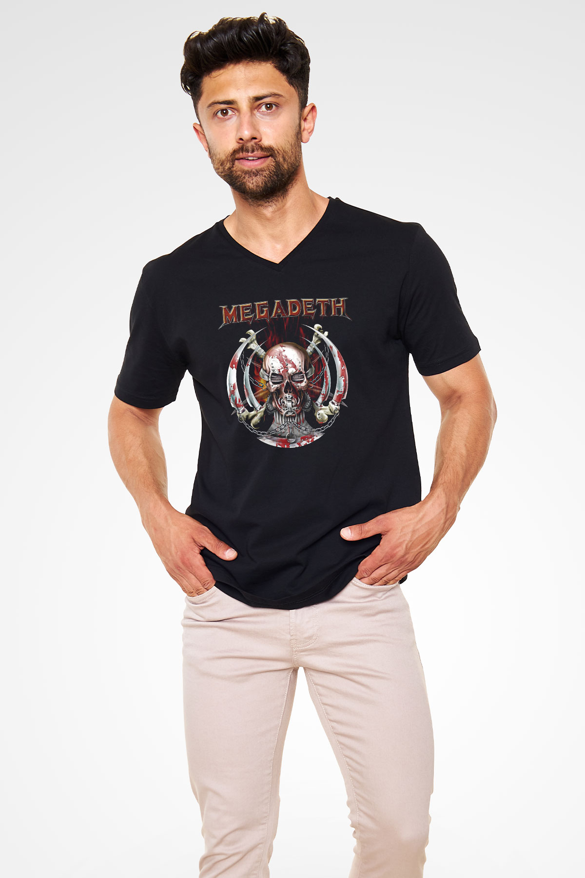 Megadeth Baskılı Unisex Siyah V Yaka Tişört - Tshirt