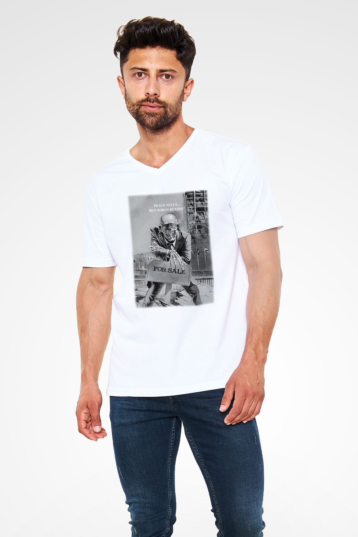 Megadeth Beyaz Unisex V Yaka Tişört T-Shirt