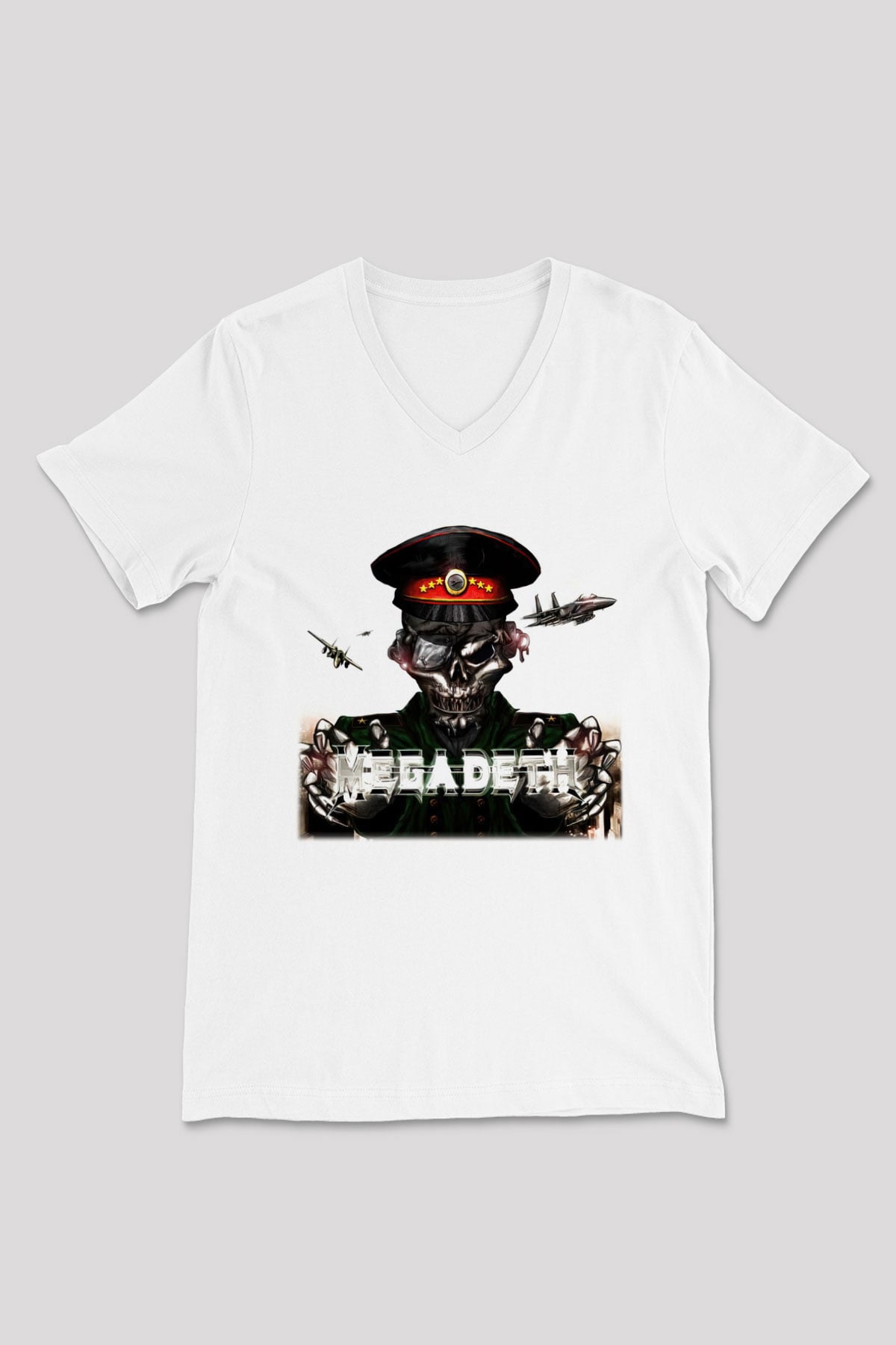 Megadeth Beyaz Unisex V Yaka Tişört T-Shirt