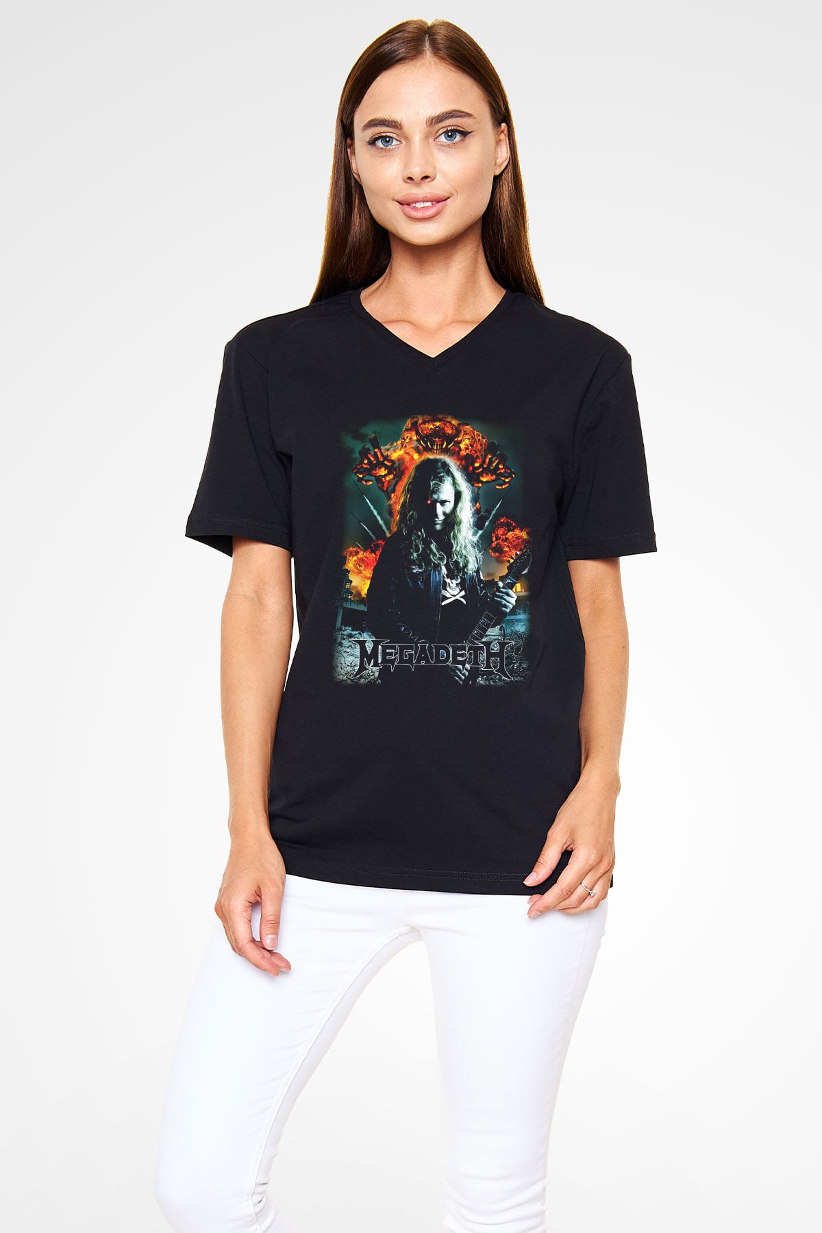 Megadeth Siyah Unisex V Yaka Tişört T-Shirt