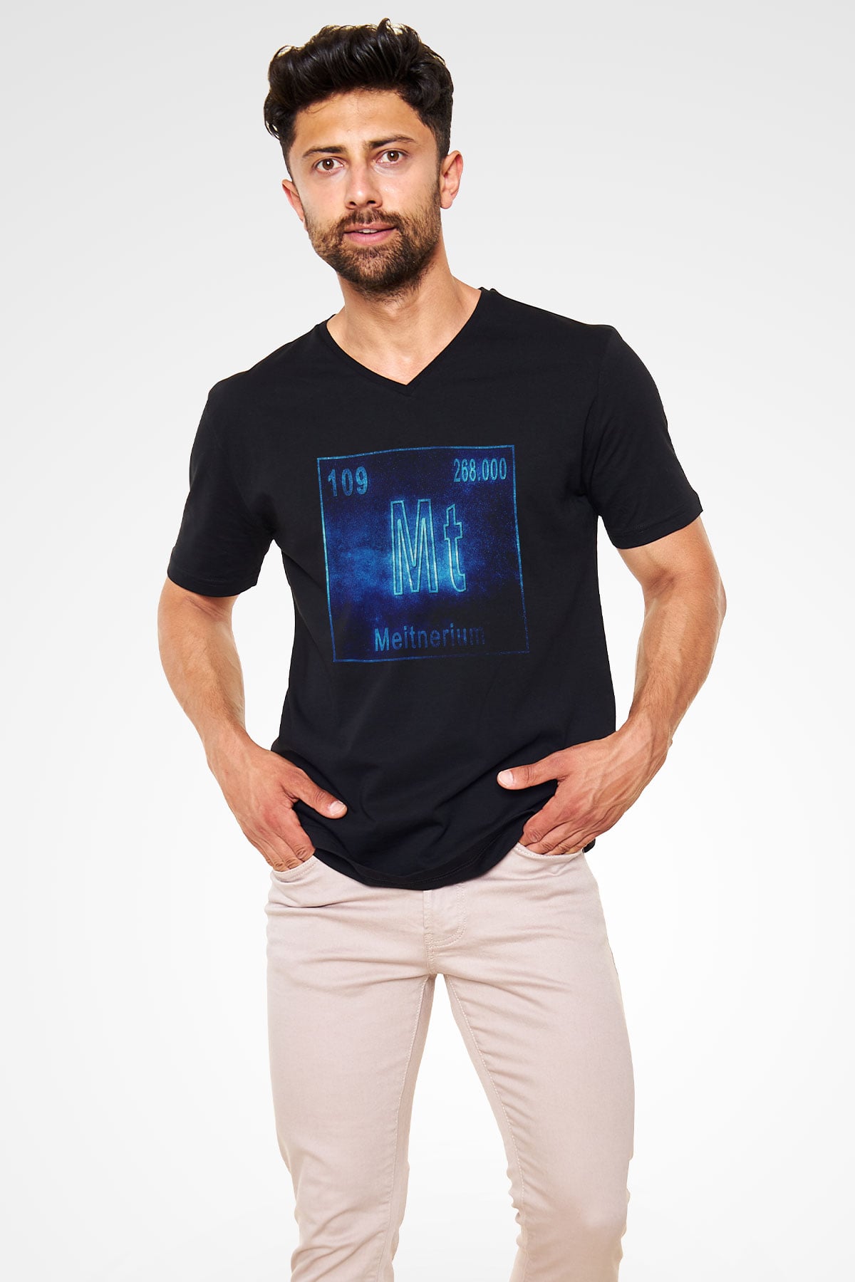 Meitneriyum Elementi Atom Numarası Baskılı Unisex Siyah V Yaka Tişört