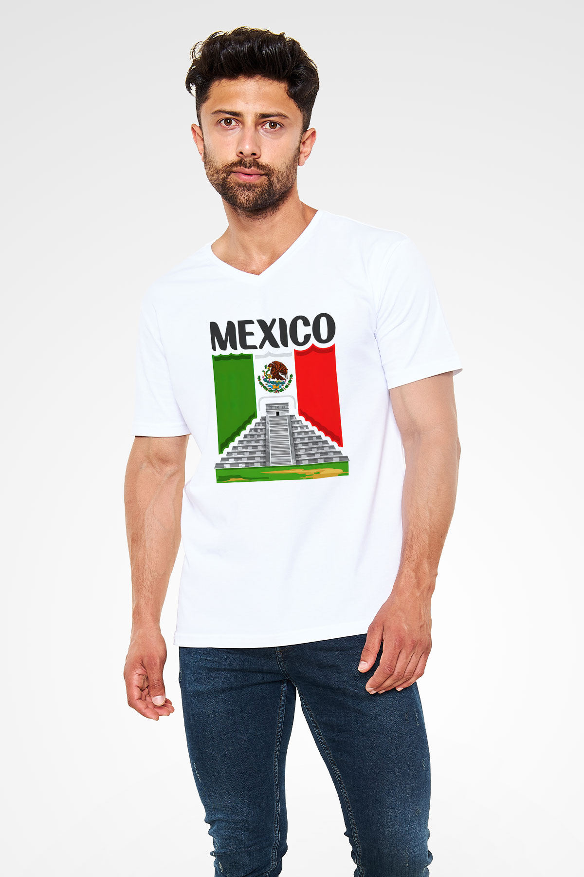 Meksika Beyaz Unisex V Yaka Tişört T-Shirt