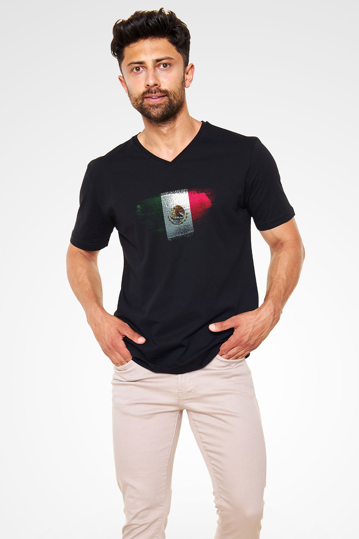 Meksika - Mexico Bayrağı Baskılı Unisex Siyah V Yaka Tişört