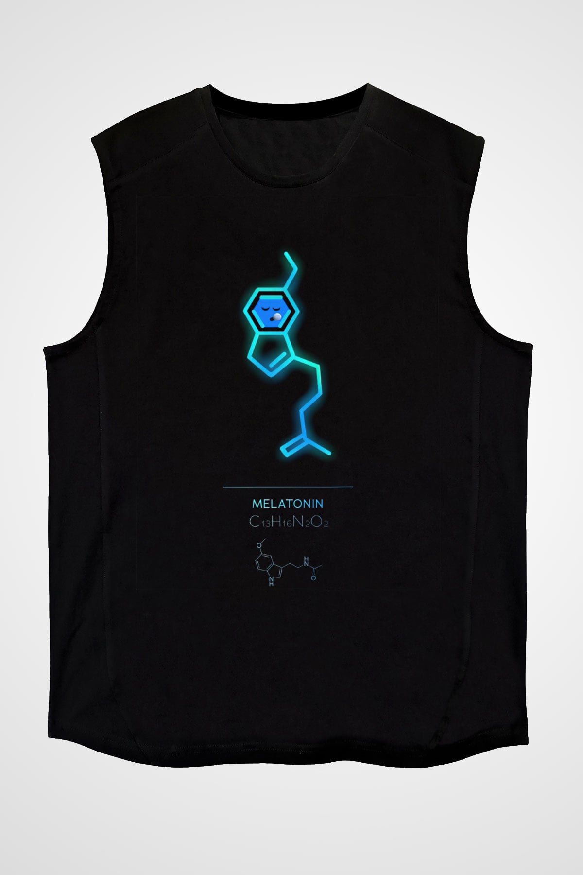 Melatonin Molekülü Baskılı Unisex Kolsuz Siyah Tişört - Tshirt