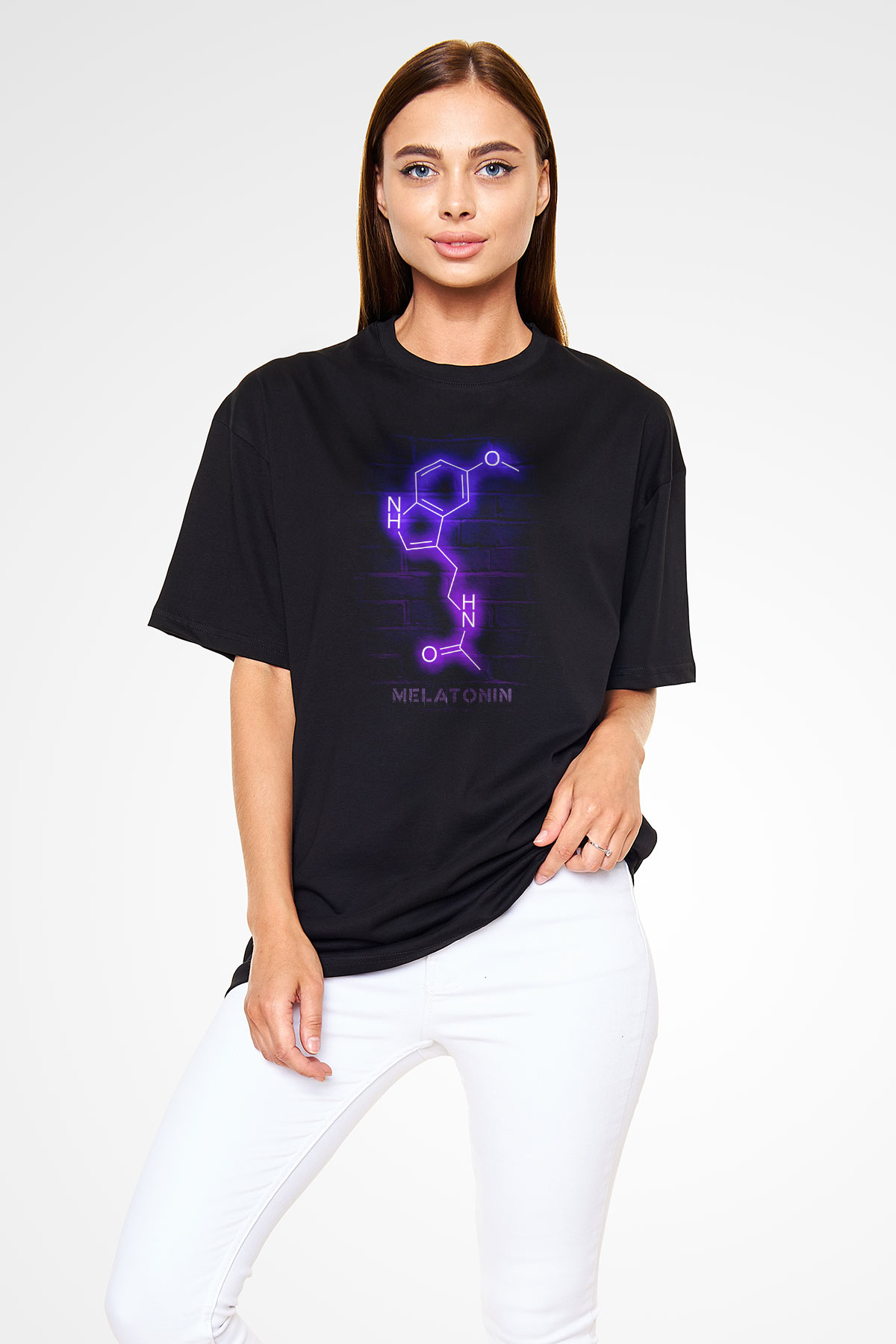 Melatonin Molekülü Neon Baskılı Unisex Oversize Tişört - Tshirt