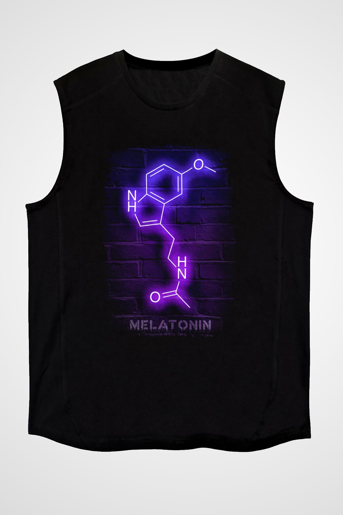 Melatonin Molekülü Neon Baskılı Unisex Kolsuz Siyah Tişört - Tshirt