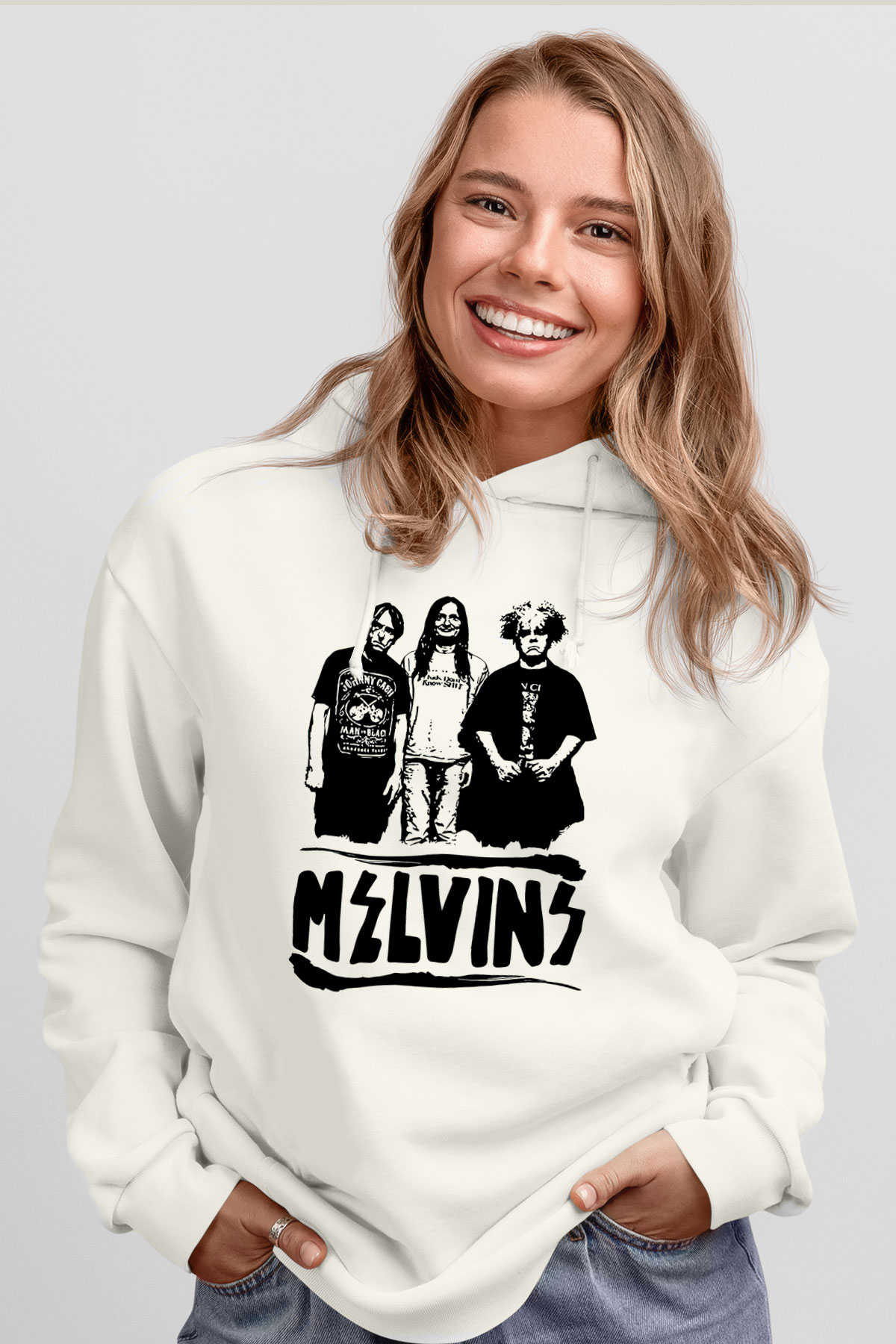 Melvins Baskılı Beyaz Unisex Kapüşonlu Sweatshirt