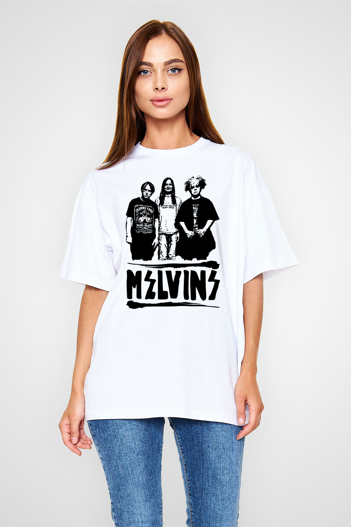 Melvins Baskılı Beyaz Unisex Oversize Tişört - Tshirt