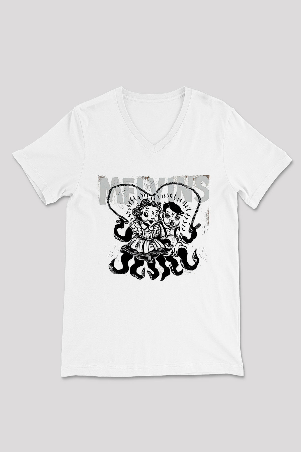 Melvins Baskılı Beyaz Unisex V Yaka Tişört - Tshirt