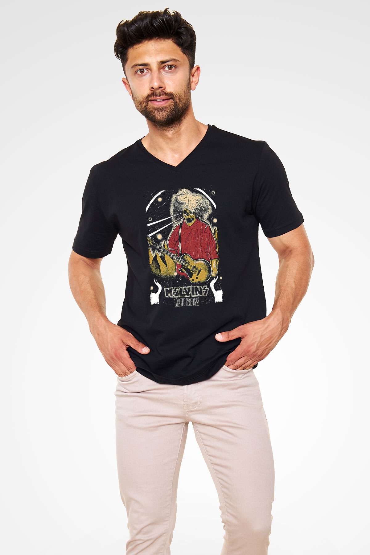 Melvins Baskılı Unisex Siyah V Yaka Tişört - Tshirt