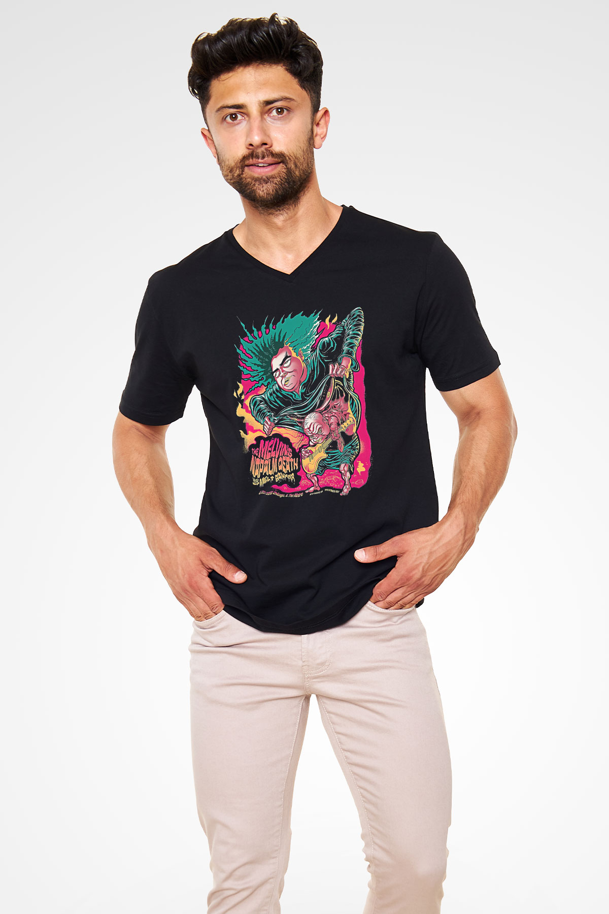 Melvins Baskılı Unisex Siyah V Yaka Tişört - Tshirt