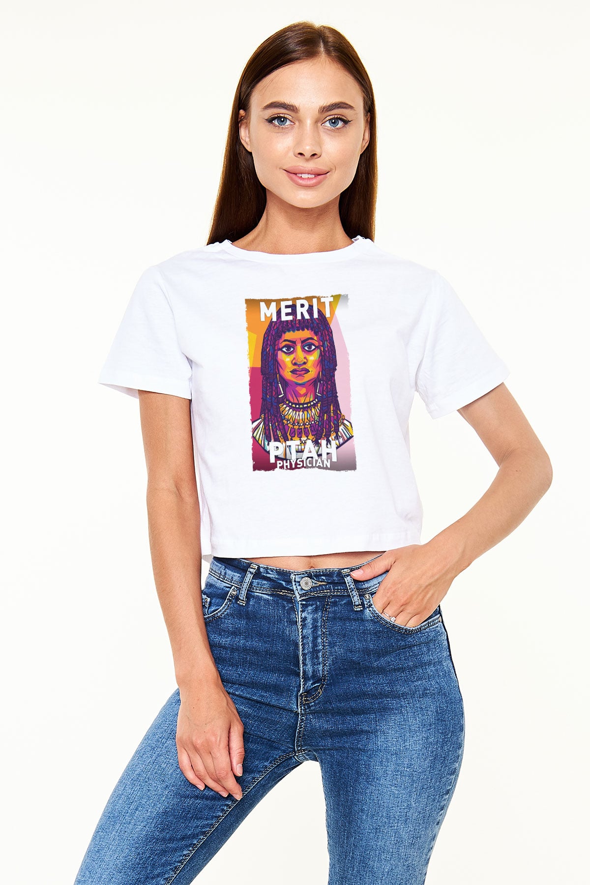 Merit Ptah Baskılı Kadın Crop Top Beyaz Tişört