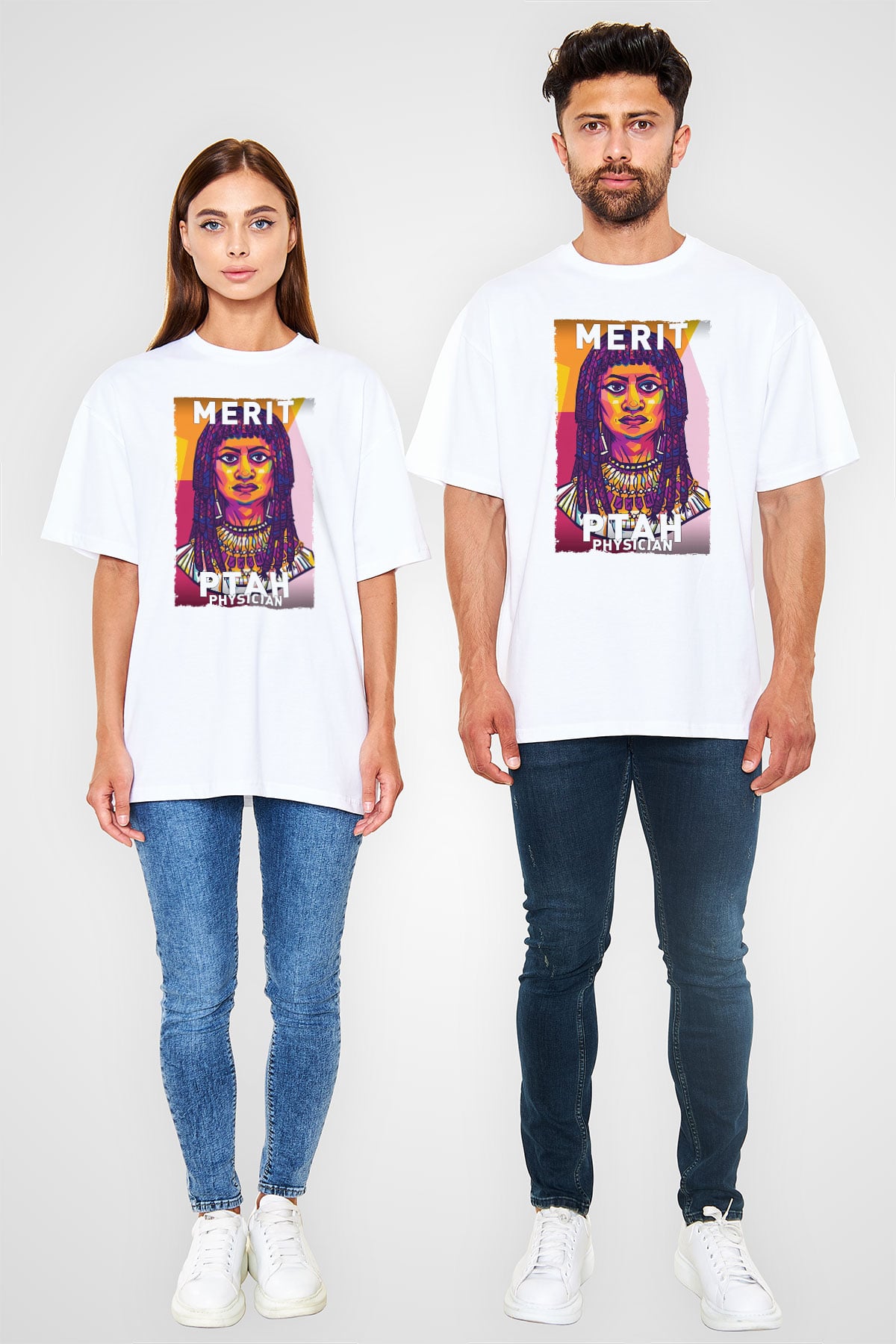 Merit Ptah Baskılı Unisex Oversize Beyaz Tişört - Tshirt