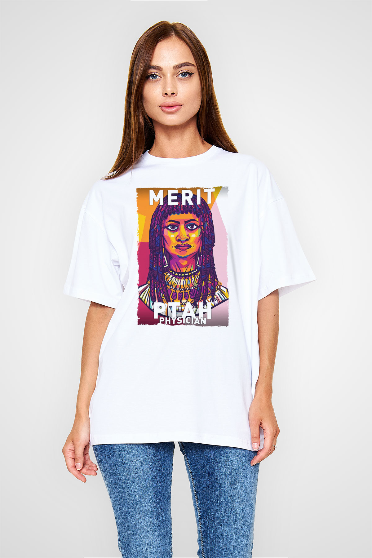 Merit Ptah Baskılı Unisex Oversize Beyaz Tişört - Tshirt