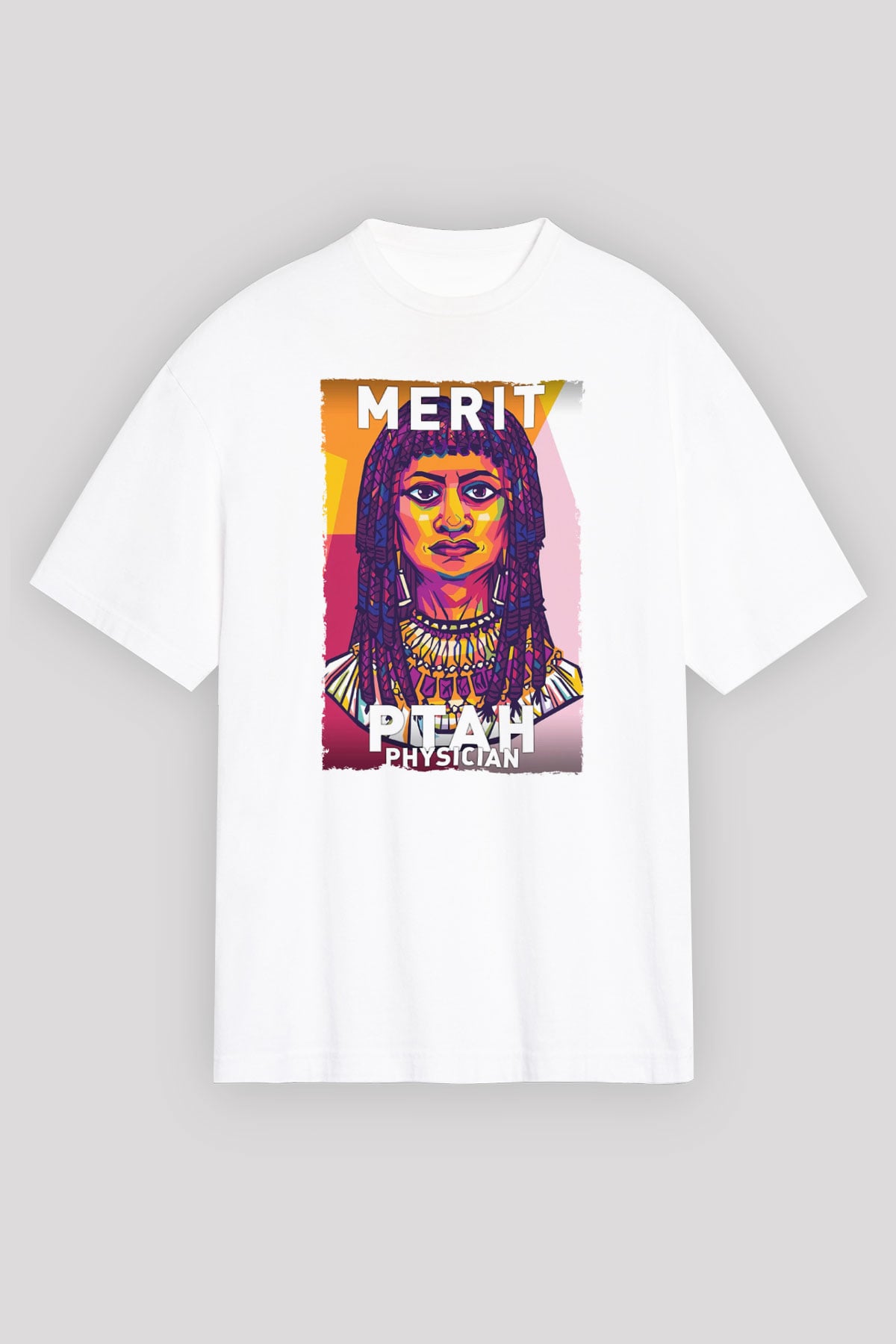 Merit Ptah Baskılı Unisex Oversize Beyaz Tişört - Tshirt