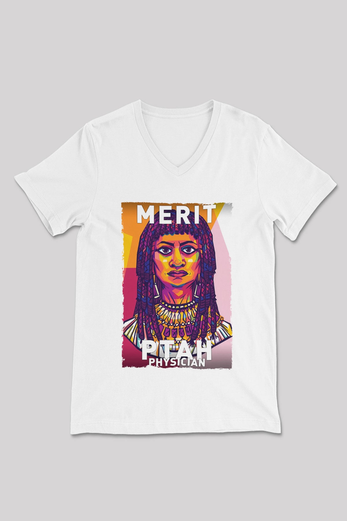 Merit Ptah Baskılı Unisex V Yaka Beyaz Tişört - Tshirt