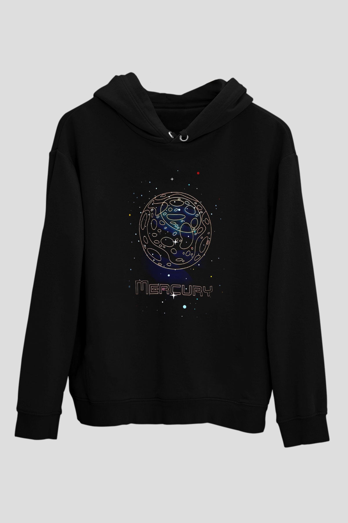 Merkür Çizim Baskılı Unisex Siyah Kapüşonlu Sweatshirt