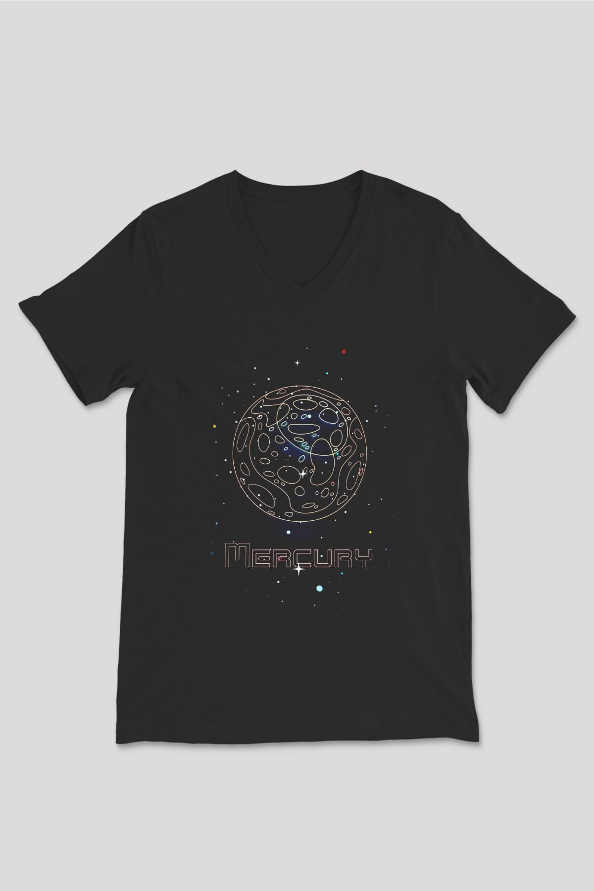 Merkür Çizim Baskılı Unisex V Yaka Siyah Tİşört - Tshirt