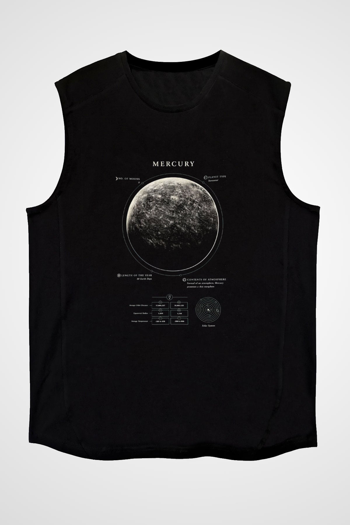Merkür Fiziksel Özellikleri Baskılı Unisex Kolsuz Siyah Tişört - Tshirt