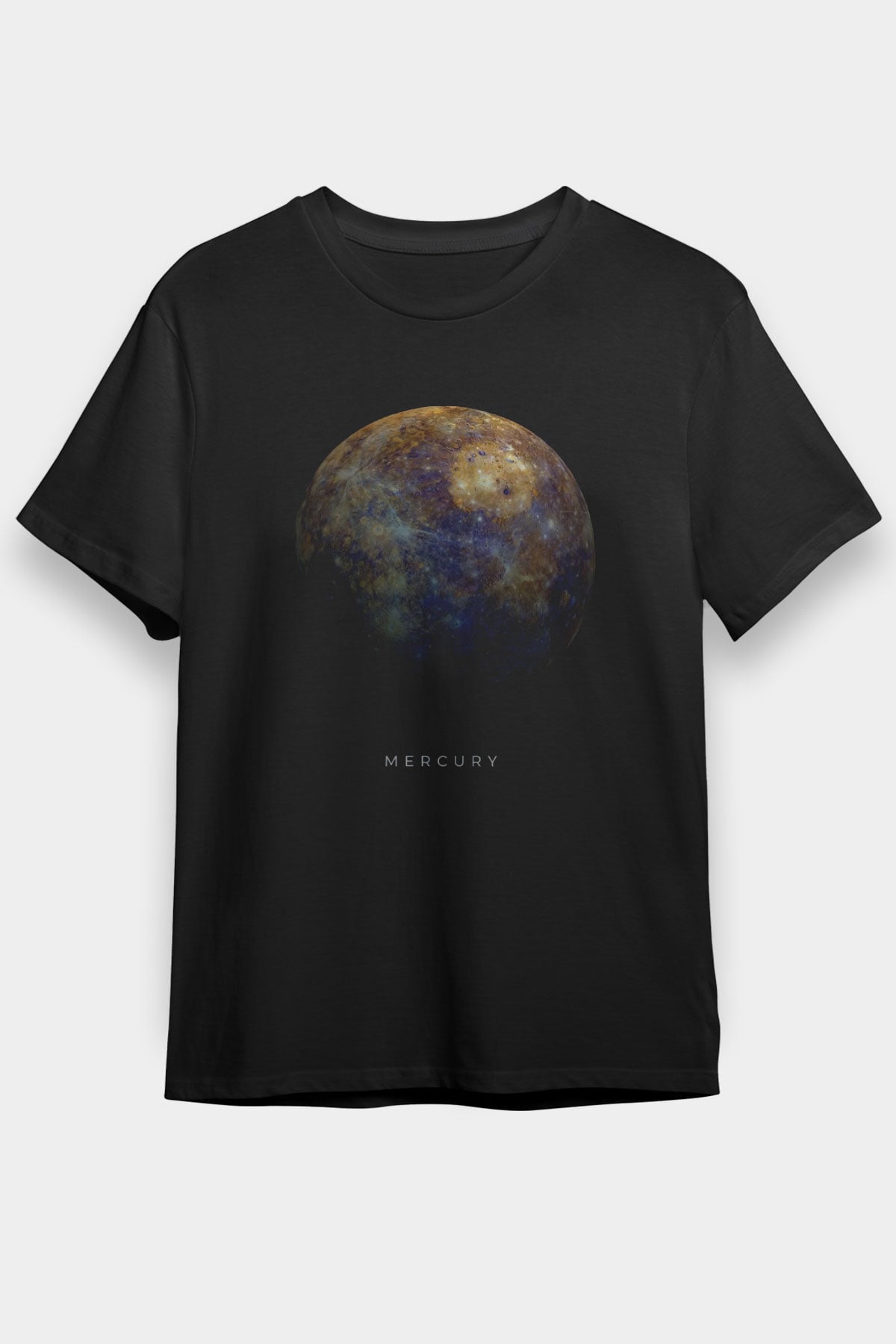 Merkür Gezegen Baskılı Unisex Siyah Tişört - Tshirt