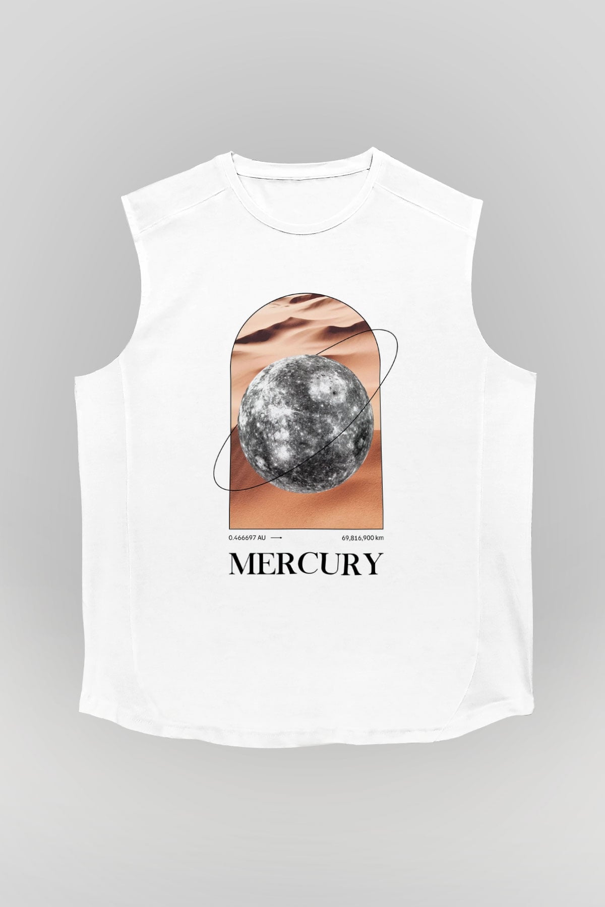 Merkür Gezegeni Baskılı Unisex Kolsuz Beyaz Tişört - Tshirt