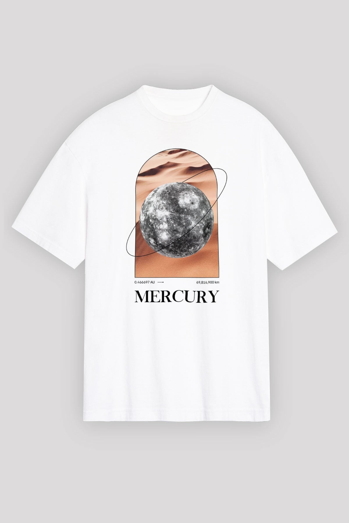 Merkür Gezegeni Baskılı Unisex Oversize Beyaz Tişört - Tshirt