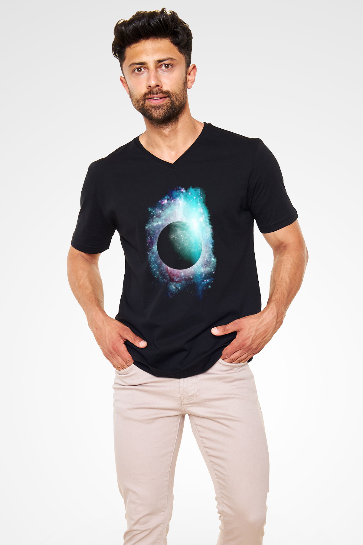 Merkür Siyah Unisex V Yaka Tişört T-Shirt