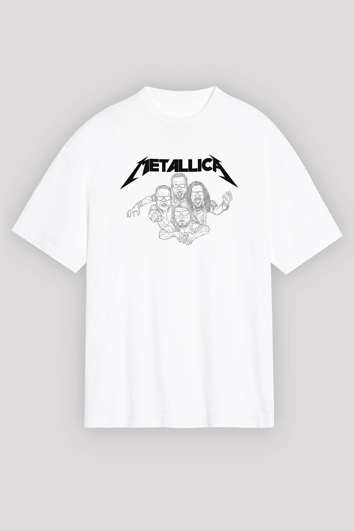 Metallica Baskılı Beyaz Unisex Oversize Tişört - Tshirt